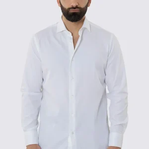 CAMICIA BIANCA REGULAR FIT 100% COTONE NO IRON TINTA UNITA COLLO SEMI FRANCESE POLSO SMUSSATO MILETA TESSUTI