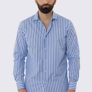 CAMICIA  AZZURRA RIGA BLU REGULAR FIT 100% COTONE COLLO SEMI FRANCESE POLSO SMUSSATO MILETA TESSUTI