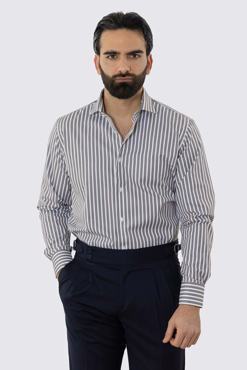 CAMICIA BIANCA RIGA MARRONE E CELESTE REGULAR FIT 100% COTONE COLLO SEMI FRANCESE POLSO SMUSSATO MILETA TESSUTI - immagine 3