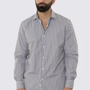 CAMICIA  BIANCA RIGA MARRONE E CELESTE REGULAR FIT 100% COTONE COLLO SEMI FRANCESE POLSO SMUSSATO MILETA TESSUTI