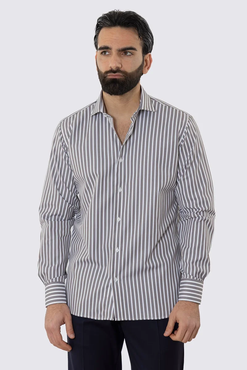 CAMICIA BIANCA RIGA MARRONE E CELESTE REGULAR FIT 100% COTONE COLLO SEMI FRANCESE POLSO SMUSSATO MILETA TESSUTI - immagine 2