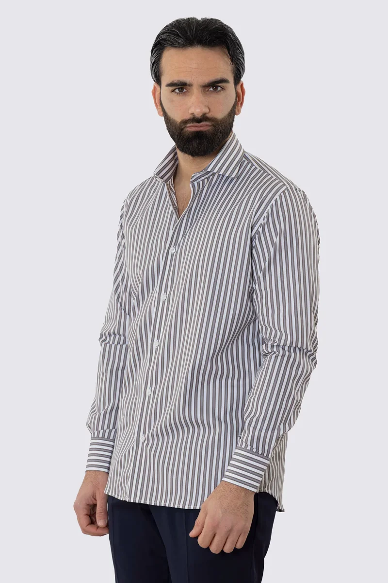 CAMICIA BIANCA RIGA MARRONE E CELESTE REGULAR FIT 100% COTONE COLLO SEMI FRANCESE POLSO SMUSSATO MILETA TESSUTI - immagine 4