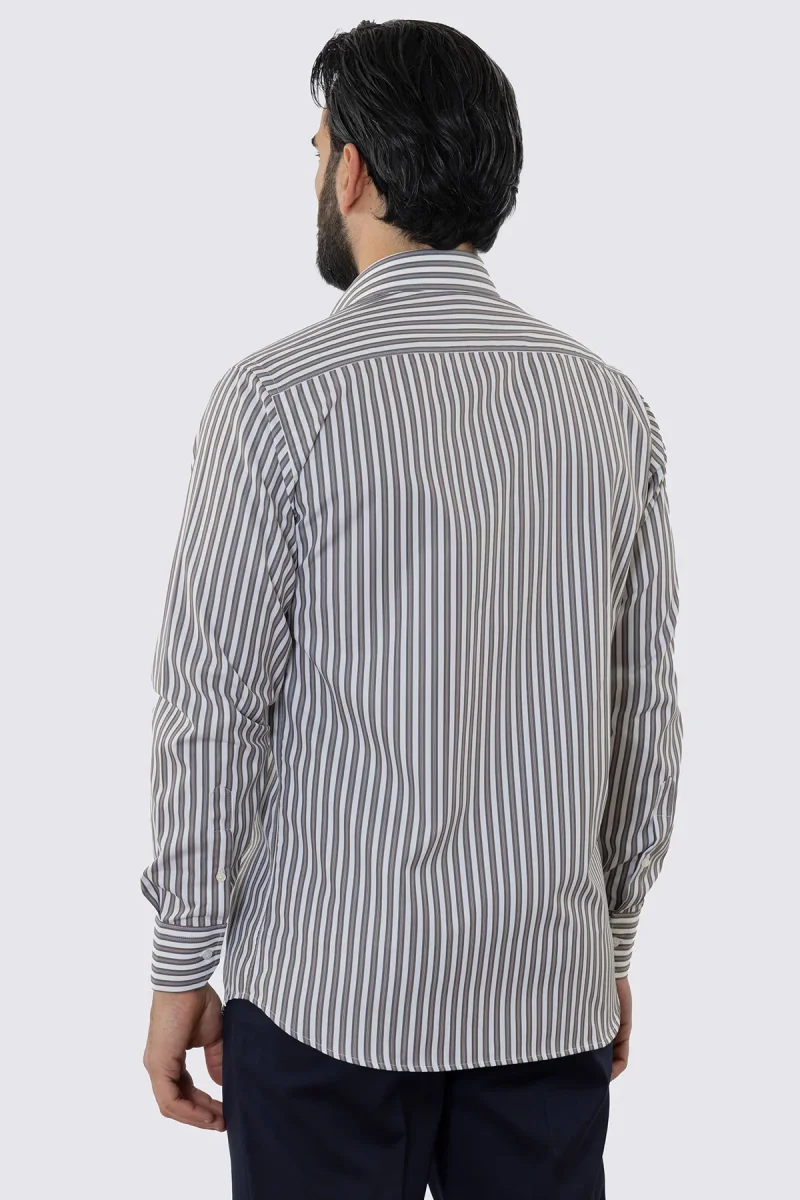 CAMICIA BIANCA RIGA MARRONE E CELESTE REGULAR FIT 100% COTONE COLLO SEMI FRANCESE POLSO SMUSSATO MILETA TESSUTI - immagine 5