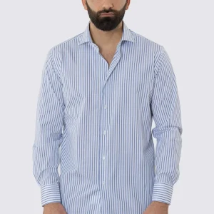 CAMICIA  BIANCA RIGA BLU E CELESTE REGULAR FIT 100% COTONE COLLO SEMI FRANCESE POLSO SMUSSATO MILETA TESSUTI
