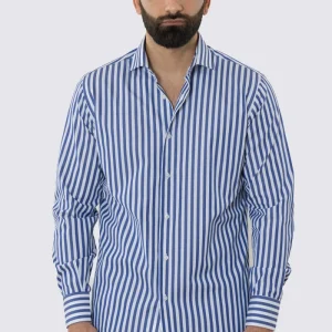 CAMICIA  BIANCA RIGA LARGA BLU REGULAR FIT 100% COTONE COLLO SEMI FRANCESE POLSO SMUSSATO MILETA TESSUTI