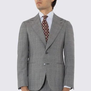 Giacca uomo monopetto grigia fantasia principe di galles in fresco lana 120’s Holland & Sherry rever largo a lancia