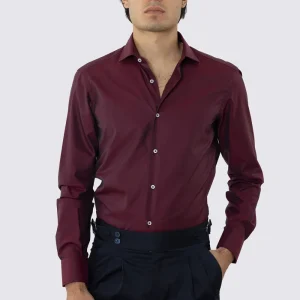 Camicia Uomo slim fit bordeaux blu 100% cotone Tinta unita collo semi francese mileta Tessuti no iron