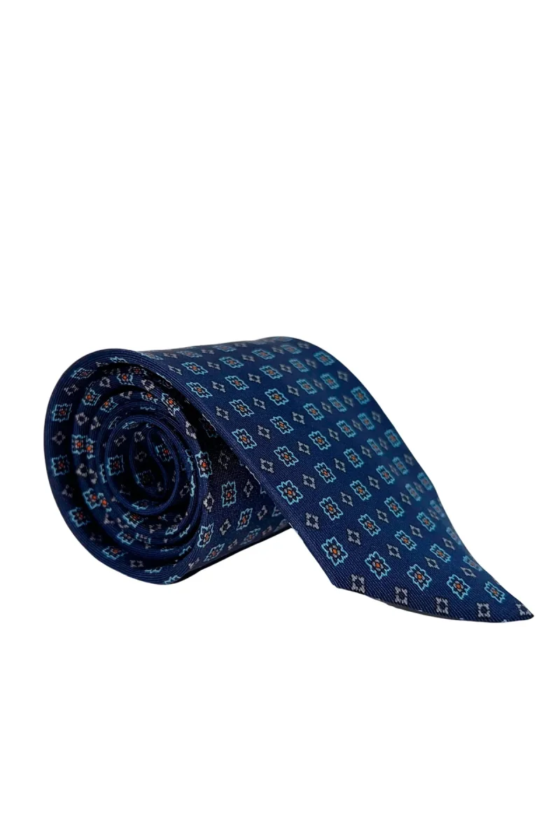 Cravatta uomo blu fantasia in seta 100% cucita a mano - immagine 3