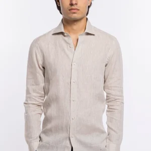 Camicia Uomo beige in Lino 100% made in italy collo semi francese morbido slim fit