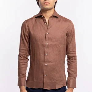 Camicia Uomo Marrone in Lino 100% made in italy collo semi francese morbido slim fit