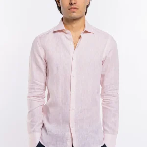 Camicia Uomo Rosa in Lino 100% made in italy collo semi francese morbido slim fit