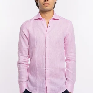 Camicia Uomo Rosa in Lino 100% made in italy collo semi francese morbido slim fit effetto melange