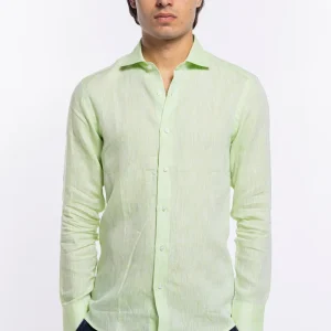 Camicia Uomo verde mela in Lino 100% made in italy collo semi francese morbido slim fit effetto melange