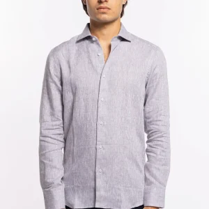 Camicia Uomo grigia in Lino 100% made in italy collo semi francese morbido slim fit effetto melange