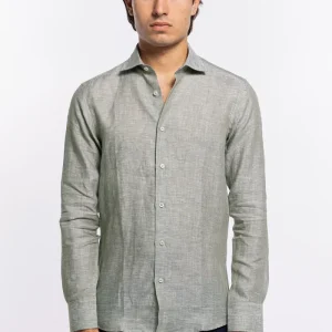 Camicia Uomo verde militare in Lino 100% made in italy collo semi francese morbido slim fit effetto melange
