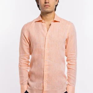 Camicia Uomo Arancio in Lino 100% made in italy collo semi francese morbido slim fit effetto melange