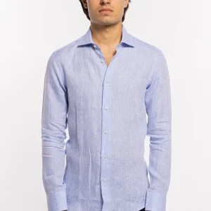 Camicia Uomo Celeste in Lino 100% made in italy collo semi francese morbido slim fit effetto melange