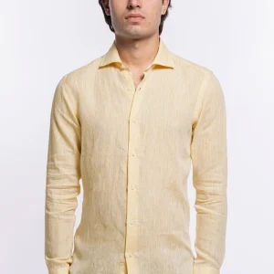 Camicia Uomo gialla in Lino 100% made in italy collo semi francese morbido slim fit effetto melange
