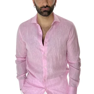 Camicia Uomo Rosa in Lino 100% made in italy collo semi francese morbido regular fit effetto melange