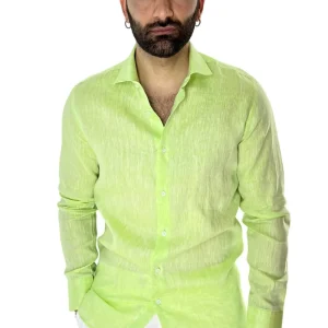Camicia Uomo verde mela in Lino 100% made in italy collo semi francese morbido regular fit effetto melange