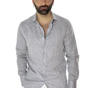 Camicia Uomo grigio chiaro in Lino 100% made in italy collo semi francese morbido regular fit effetto melange