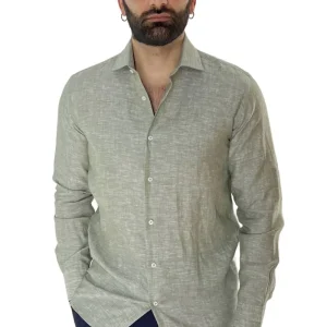 Camicia Uomo verde militare in Lino 100% made in italy collo semi francese morbido regular fit effetto melange