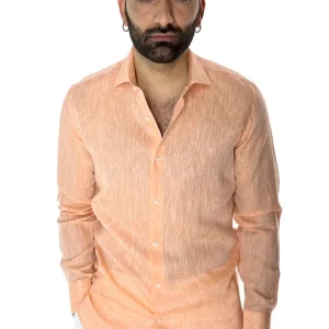 Camicia Uomo Arancio in Lino 100% made in italy collo semi francese morbido regular fit effetto melange