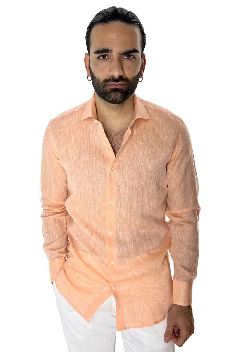 Camicia Uomo Arancio in Lino 100% made in italy collo semi francese morbido regular fit effetto melange