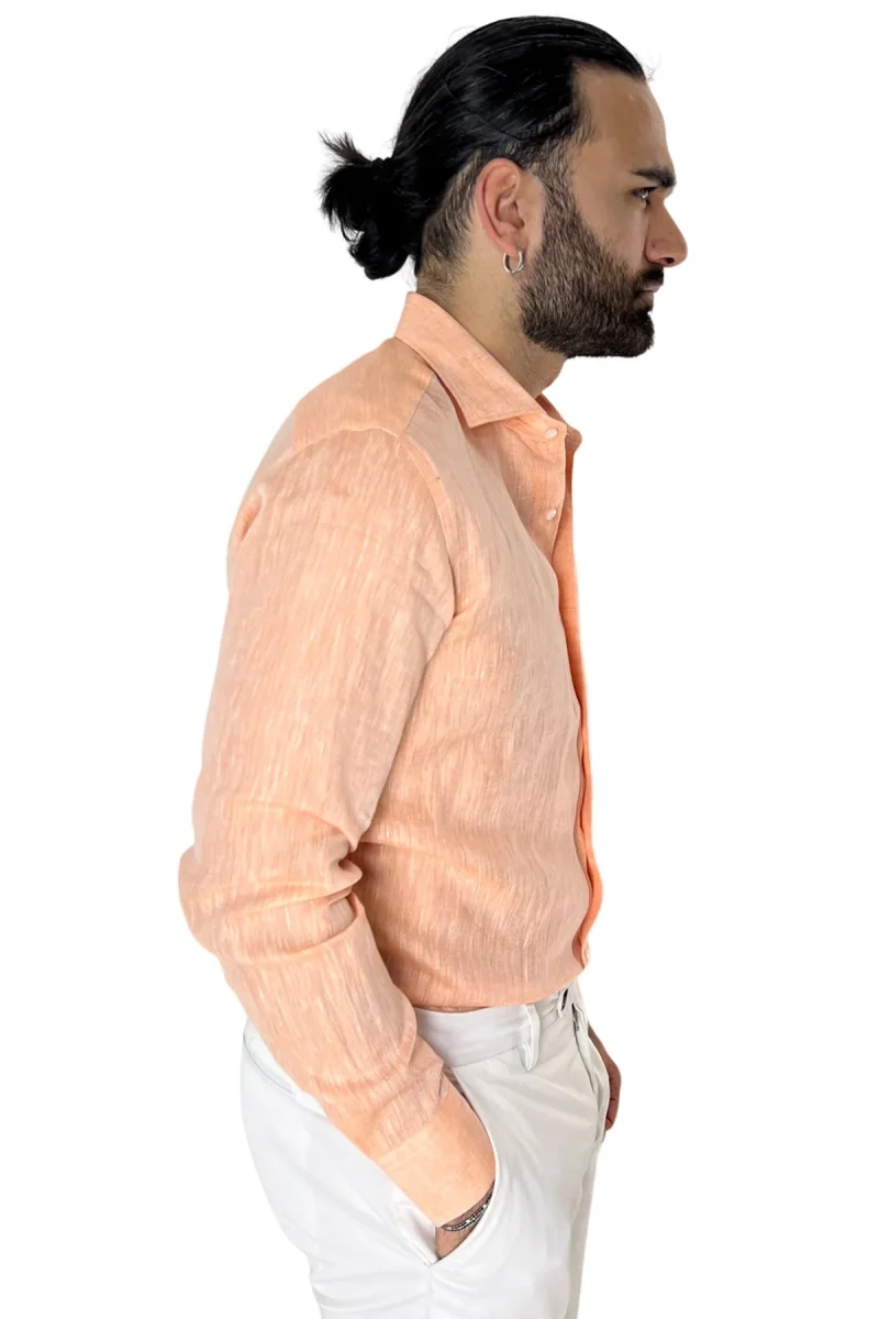 Camicia Uomo Arancio in Lino 100% made in italy collo semi francese morbido regular fit effetto melange - immagine 4