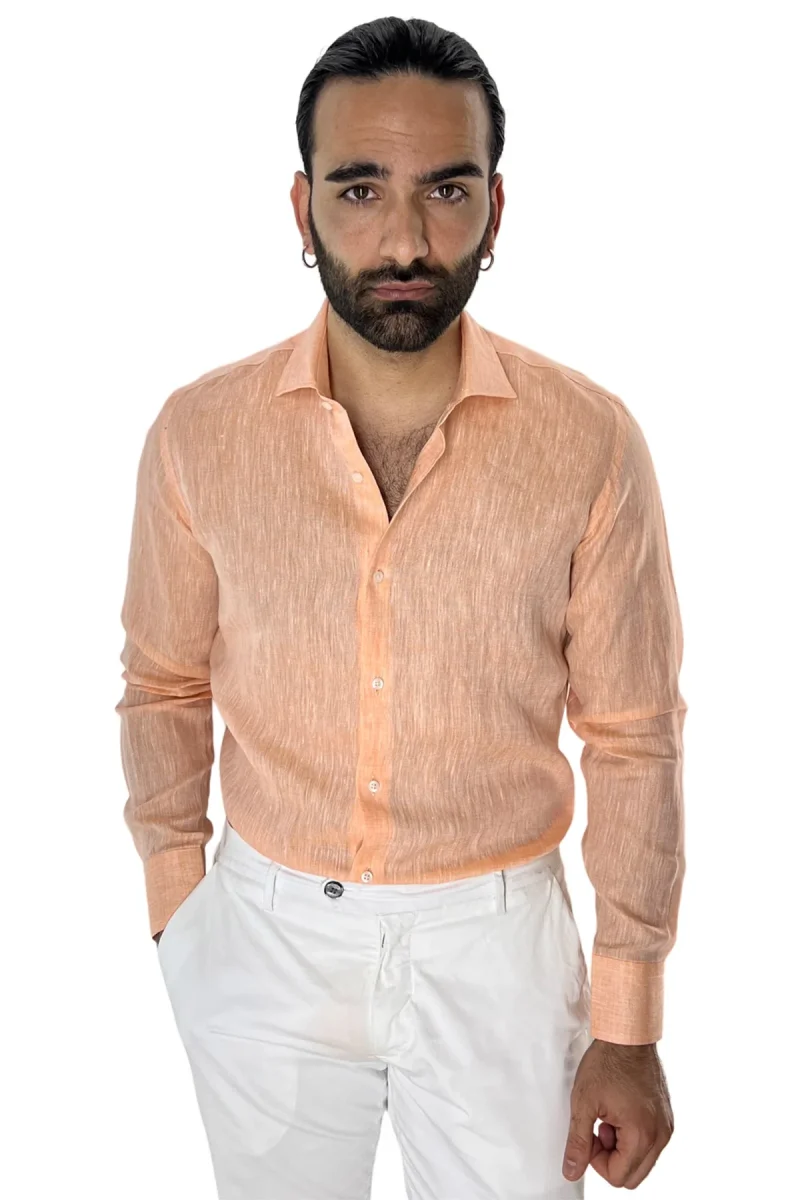 Camicia Uomo Arancio in Lino 100% made in italy collo semi francese morbido regular fit effetto melange - immagine 3