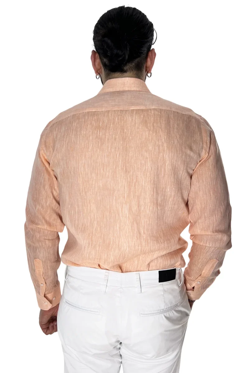 Camicia Uomo Arancio in Lino 100% made in italy collo semi francese morbido regular fit effetto melange - immagine 5