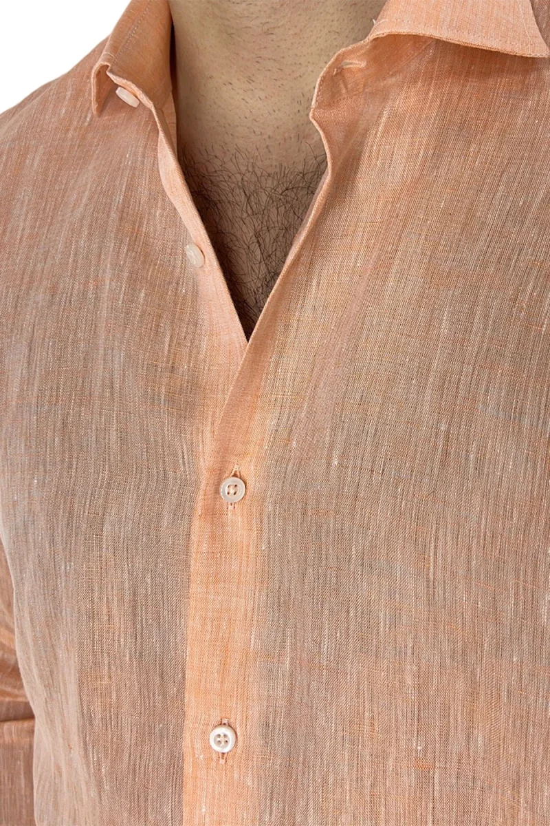 Camicia Uomo Arancio in Lino 100% made in italy collo semi francese morbido regular fit effetto melange - immagine 6