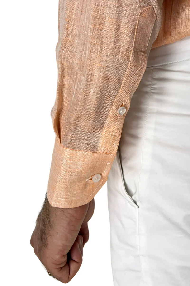 Camicia Uomo Arancio in Lino 100% made in italy collo semi francese morbido regular fit effetto melange - immagine 7