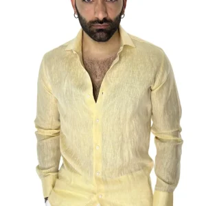 Camicia Uomo Gialla in Lino 100% made in italy collo semi francese morbido regular fit effetto melange