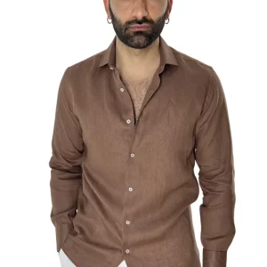 Camicia Uomo Marrone in Lino 100% made in italy collo semi francese morbido regular fit