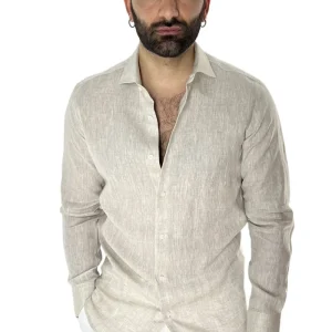 Camicia Uomo Beige in Lino 100% made in italy collo semi francese morbido regular fit