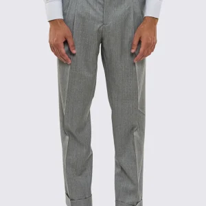 Pantalone uomo grigio chiaro fresco lana Vitale Barberis vita alta con 2 pinces – fibbie laterali e risvolto 5cm