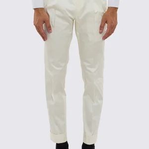 Pantalone uomo panna vita alta con fibbie laterali tasca america in cotone risvolto 5cm made in italy