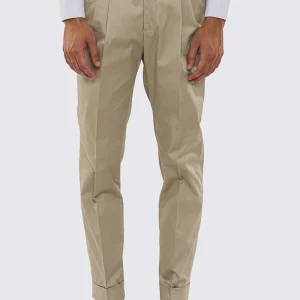 Pantalone uomo Beige vita alta con fibbie laterali tasca america in cotone risvolto 5cm made in italy