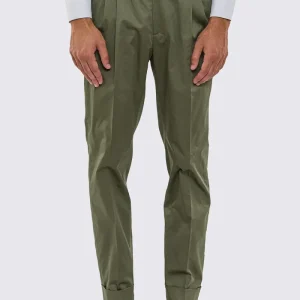Pantalone uomo verde militare vita alta fibbie laterali tasca america in cotone risvolto 5cm made in Italy