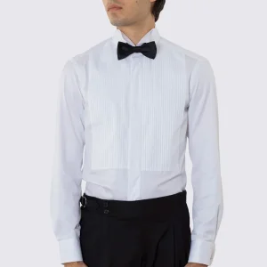 Camicia Bianca collo diplomatico con plissè bottoni a scomparsa 100% Cotone Da uomo polso gemelli fintone a scomparsa dietro al collo per papillon slim fit 4 passaggi a mano