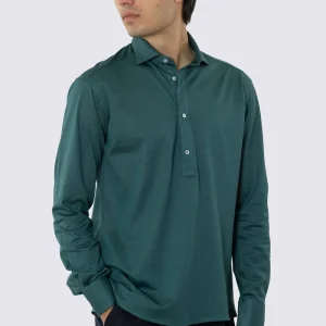 Polo camicia verde 4 bottoni da uomo collo semi francese manica lunga in filo di scozia 100% nido d’ape made in italy