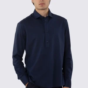 Polo camicia blu 4 bottoni da uomo collo semi francese manica lunga in cotone 100% nido d’ape made in italy
