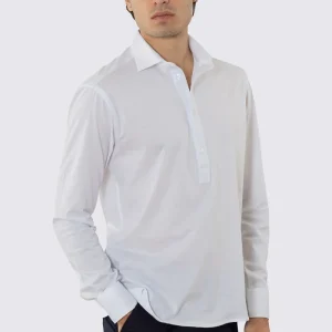 Polo camicia bianca 4 bottoni da uomo collo semi francese manica lunga in cotone 100% nido d’ape made in italy