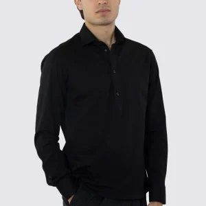 Polo camicia nera 4 bottoni da uomo collo semi francese manica lunga in cotone 100% nido d’ape made in italy