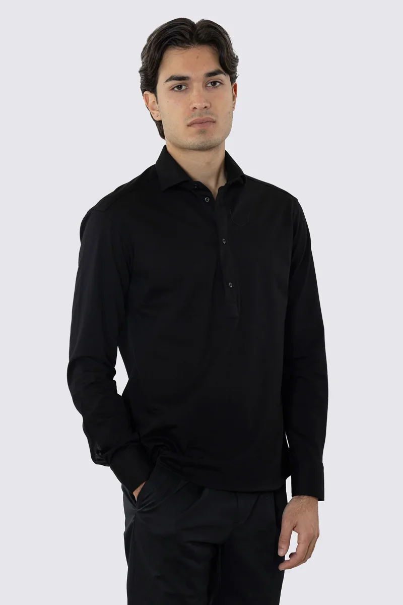 Polo camicia nera 4 bottoni da uomo collo semi francese manica lunga in cotone 100% nido d’ape made in italy - immagine 2