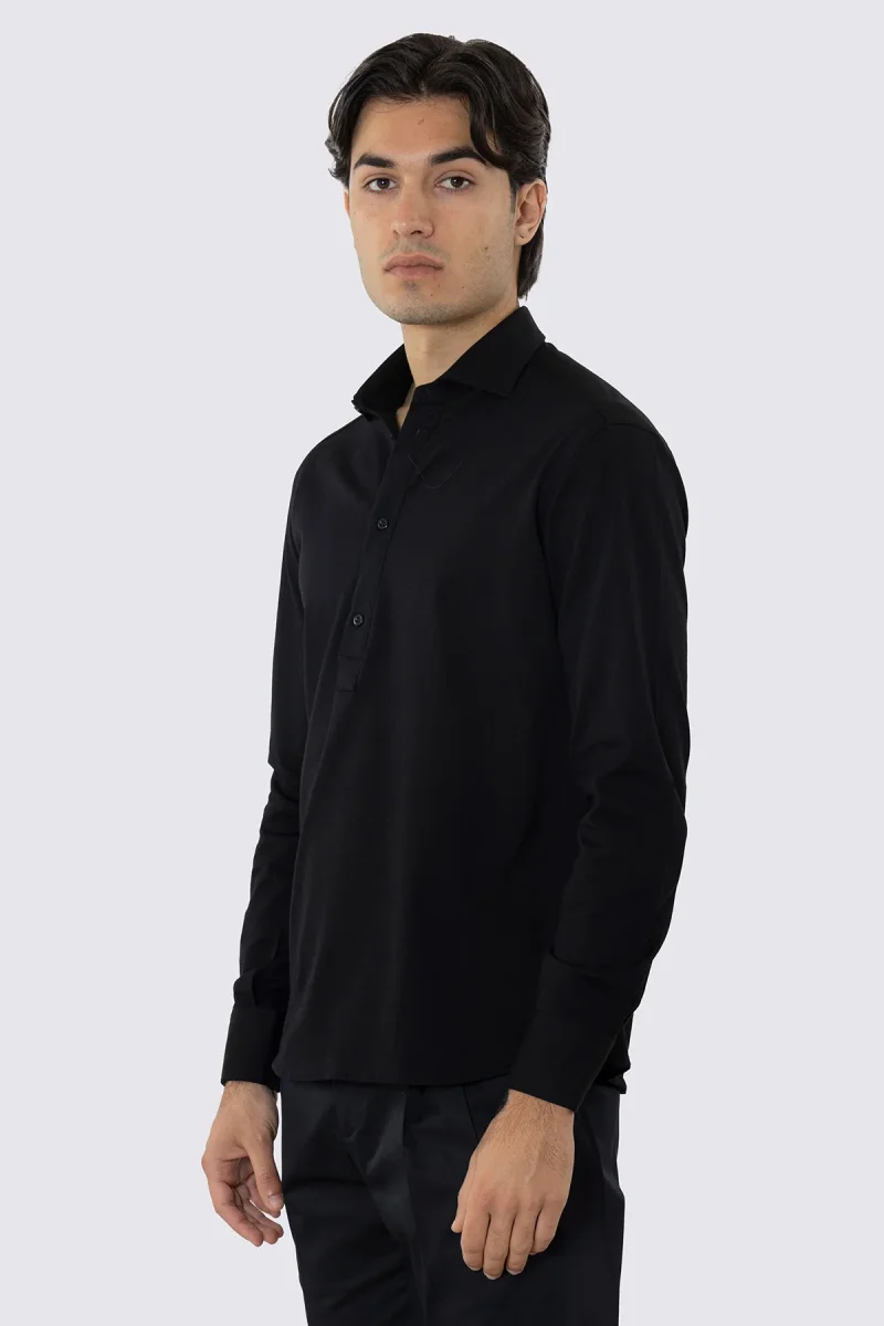 Polo camicia nera 4 bottoni da uomo collo semi francese manica lunga in cotone 100% nido d’ape made in italy - immagine 3