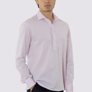 Polo camicia rosa 4 bottoni da uomo collo semi francese manica lunga in cotone 100% nido d’ape made in italy