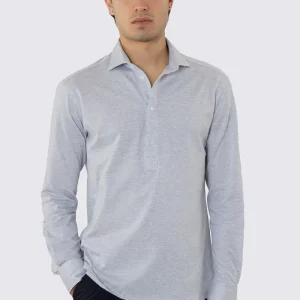 Polo camicia Grigia 4 bottoni da uomo collo semi francese manica lunga in cotone 100% nido d’ape made in italy
