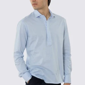 Polo camicia celeste 4 bottoni da uomo collo semi francese manica lunga in cotone 100% nido d’ape made in italy